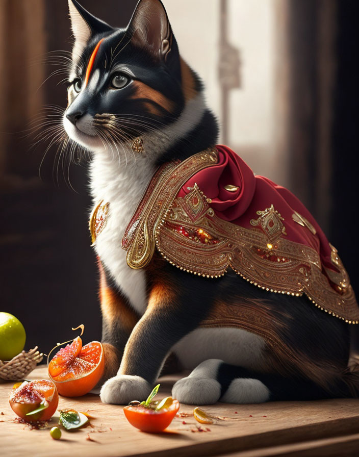 Majestic cat in gold-adorned red cape next to sliced citrus