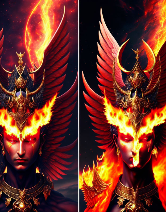 Fantasy figures with flaming wings and golden crowns in cosmic setting