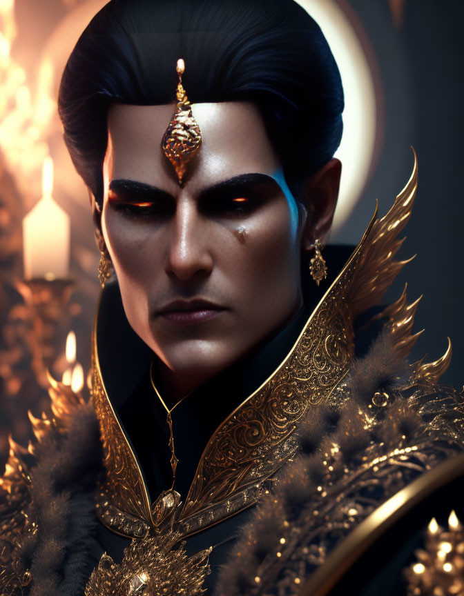 Fantasy male character with dark hair, gold jewelry, and ornate feathers.