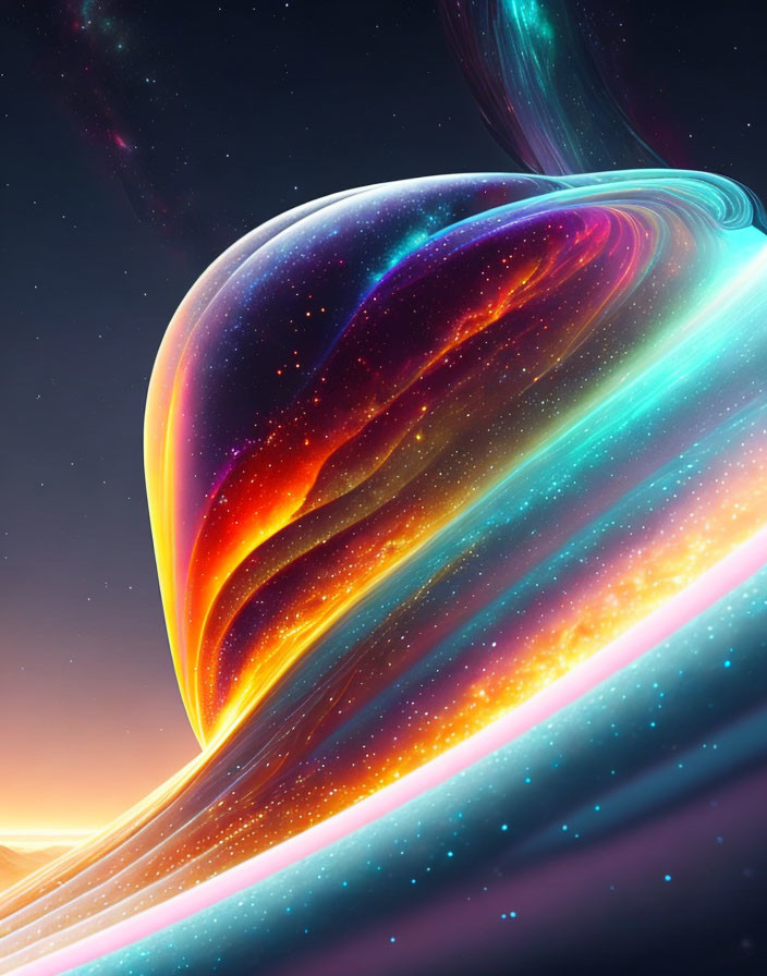 Colorful cosmic ribbons against starry sky backdrop: digital artwork.