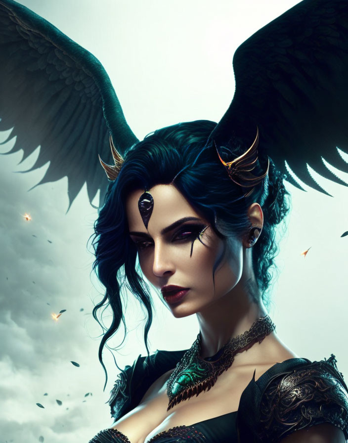 Dark-haired woman with black wings, horns, jewel, and dragon shoulder piece