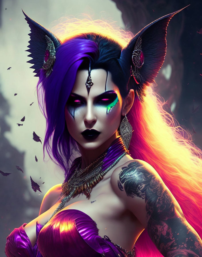 Fantasy female character with purple hair and bat-like ears in digital artwork