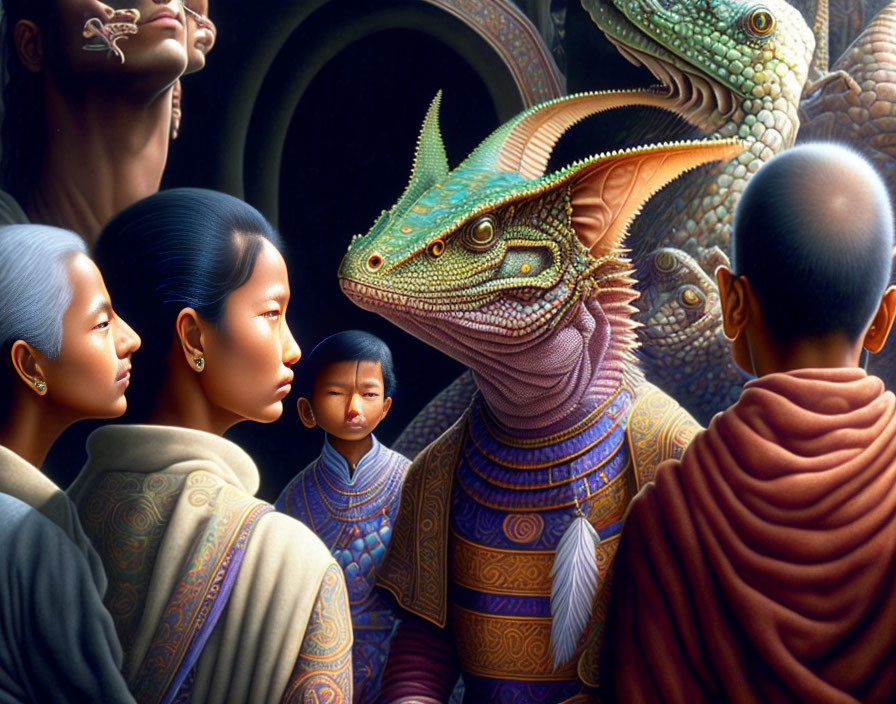 Colorful Artwork Featuring Humans and Armored Lizard in Peaceful Interaction