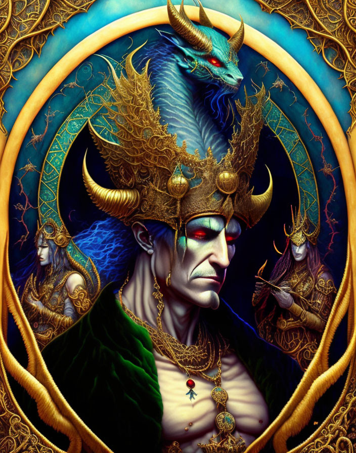 Regal figure with dragon horns and intricate jewelry in fantasy artwork