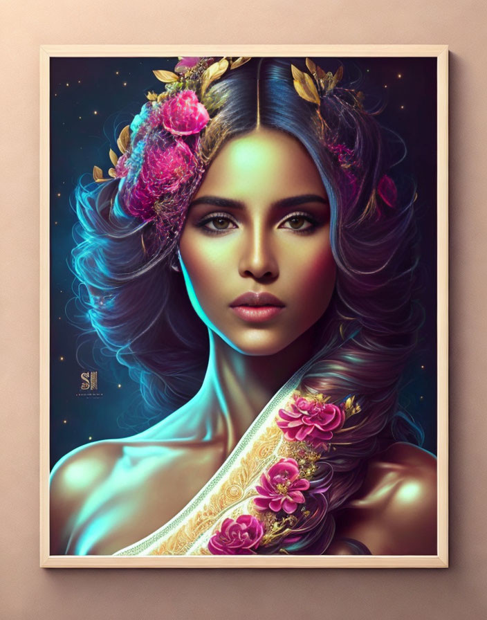 Digital artwork: Woman with blue wavy hair, adorned with flowers and gold leaves, in ethereal