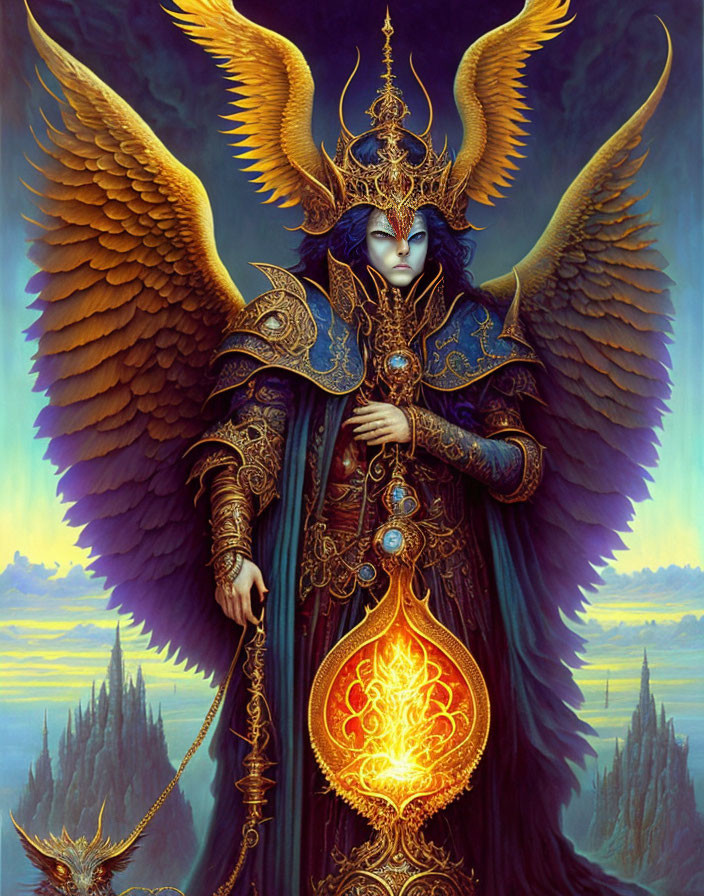 Regal figure with golden wings and fiery emblem in fantastical landscape