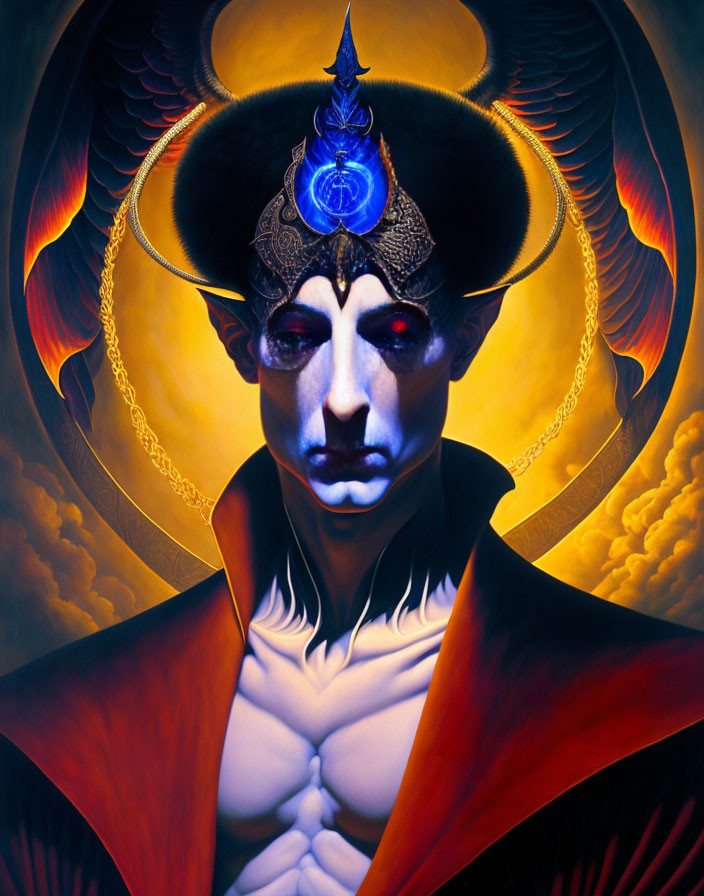 Surreal portrait featuring figure with black and gold headdress, third eye, wings, and red