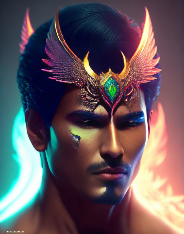 Fantasy-style man with ornate headpiece and glowing wings on light gradient backdrop