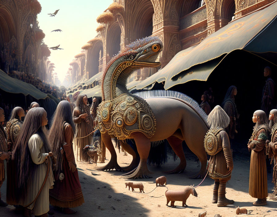 Fantasy procession featuring armored dinosaur in ornate setting