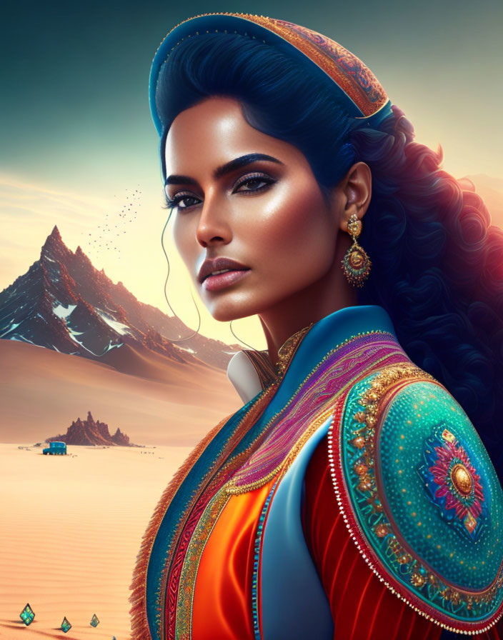 Digital artwork: Woman in traditional attire, dark hair, desert & mountains