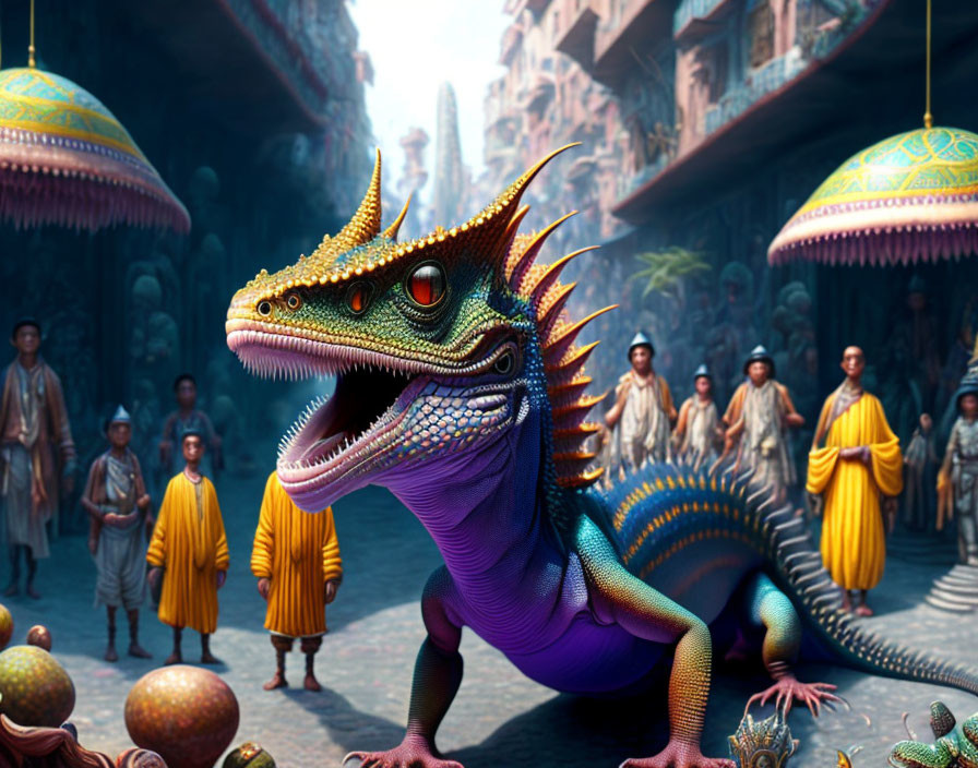 Colorful digital artwork: Purple and orange dragon in Asian street market.