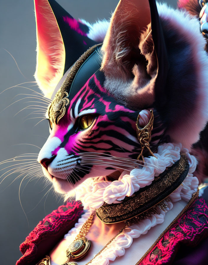 Pink and Black Striped Cat Artwork with Elaborate Hat and Accessories