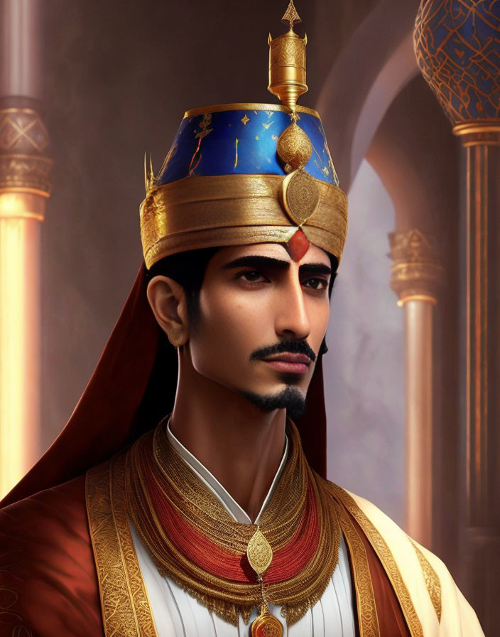 Regal man with turban, jewelry, and ornate robes against architectural background