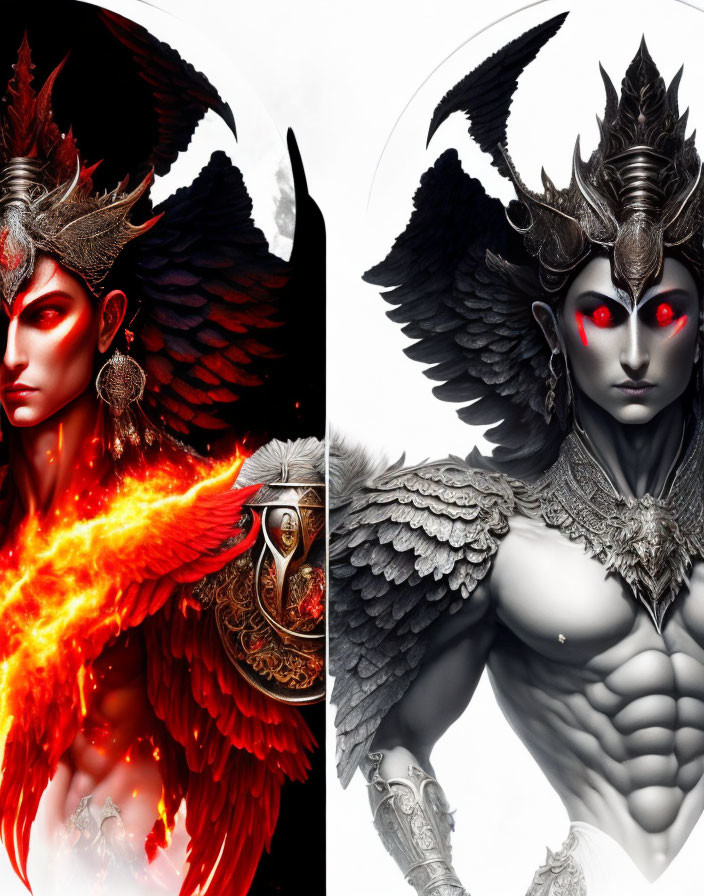 Contrasting split image: fiery red angel with blazing wings vs. monochromatic angel with grey wings