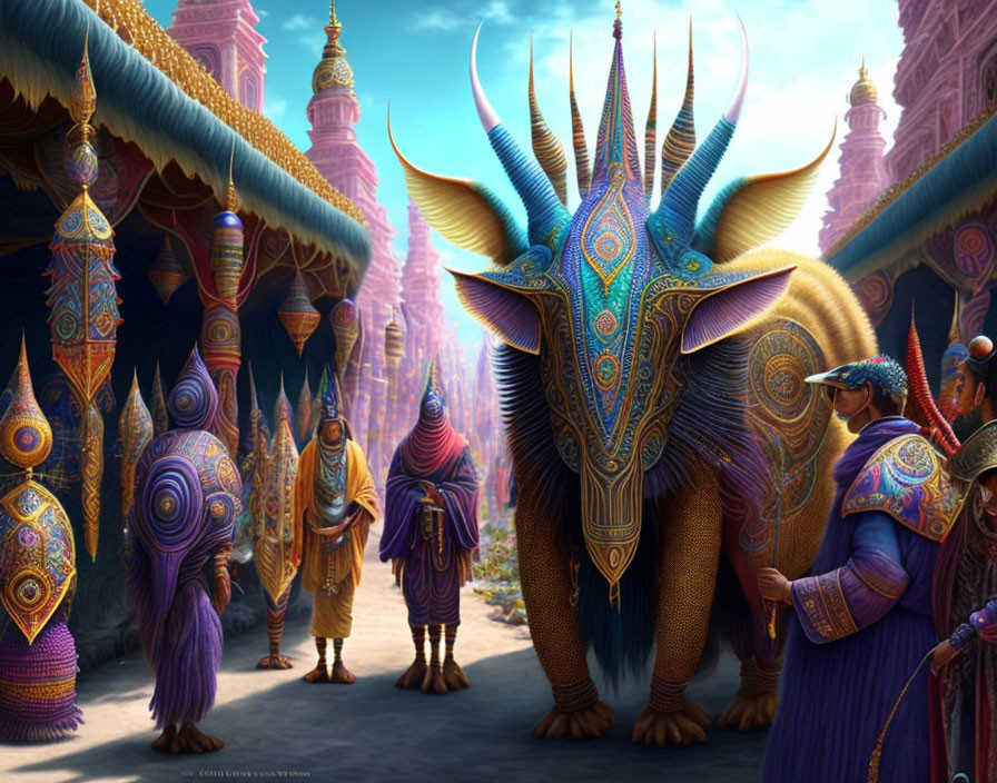 Colorful Fantasy Street Scene with Adorned Creatures and Detailed Attire