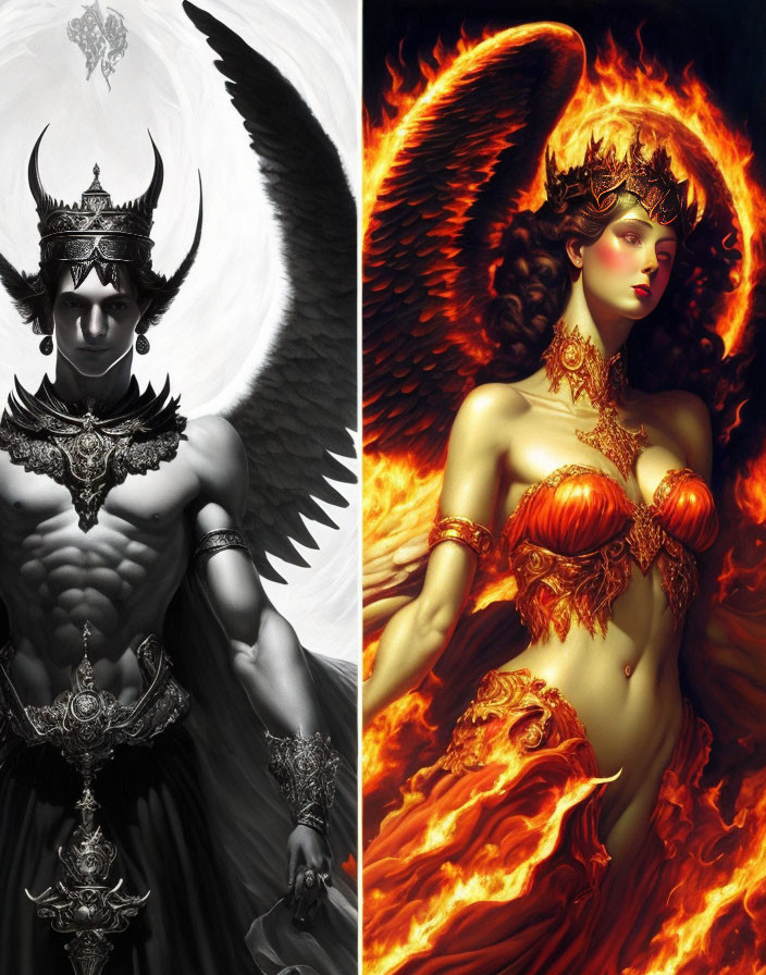 Fantasy diptych art: Angel and demon in armor with white and fiery wings symbolize good