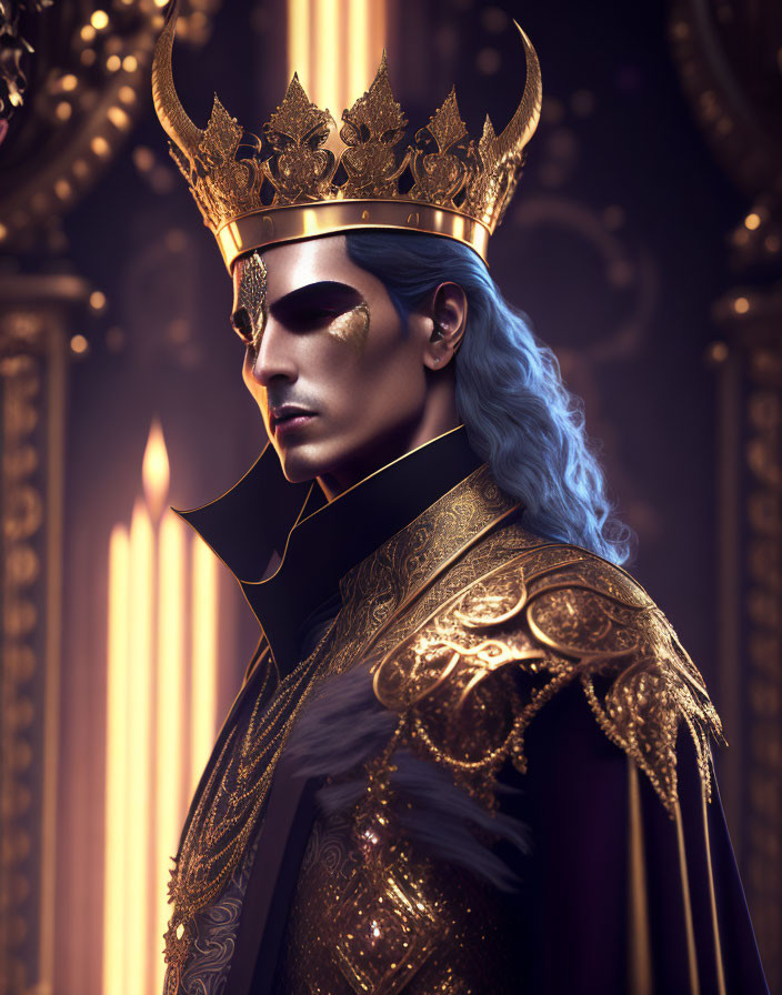 Royal Figure with Blue Hair and Golden Crown in Dark Cape