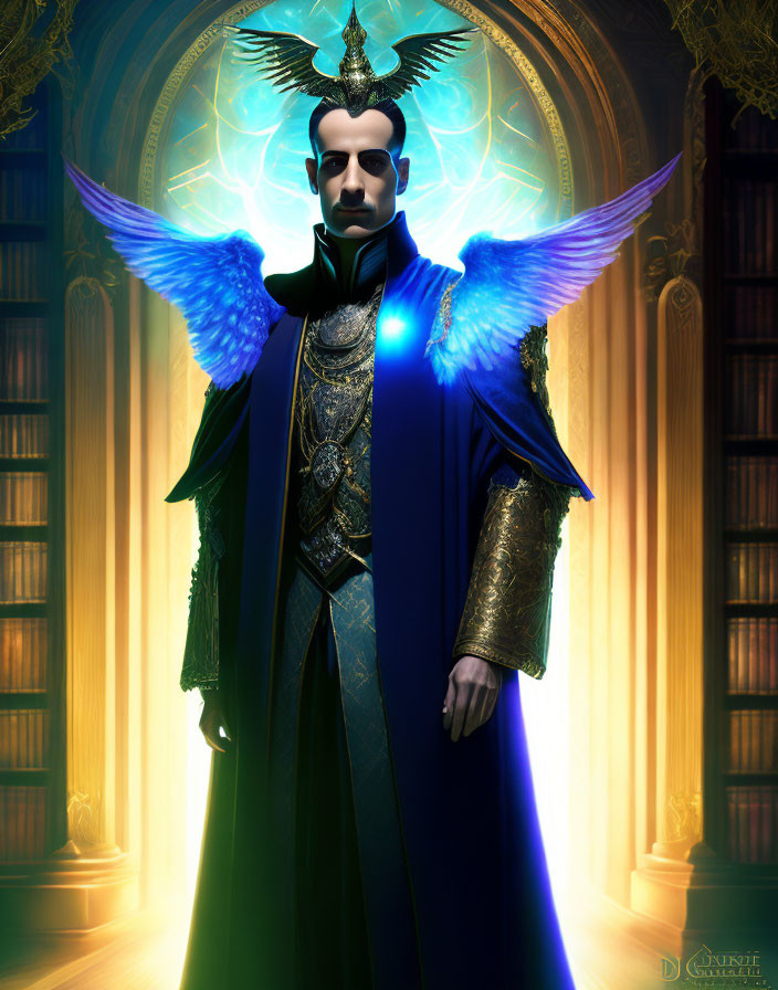 Regal fantasy character with glowing blue wings in grand library