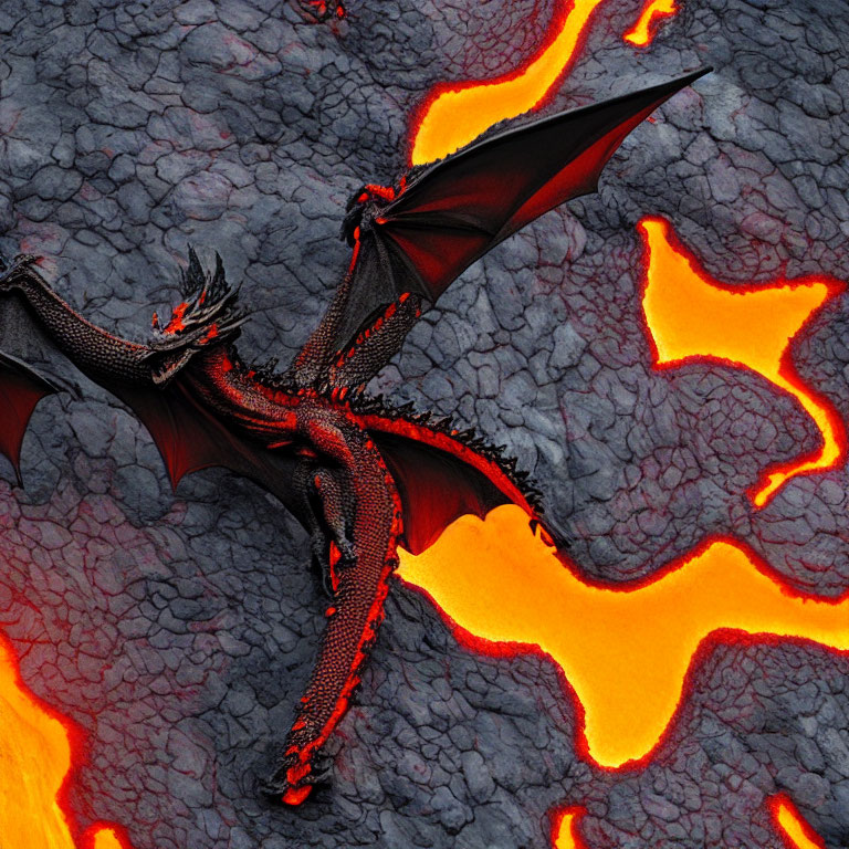 Fiery-red Dragon Soaring Above Cracked Terrain