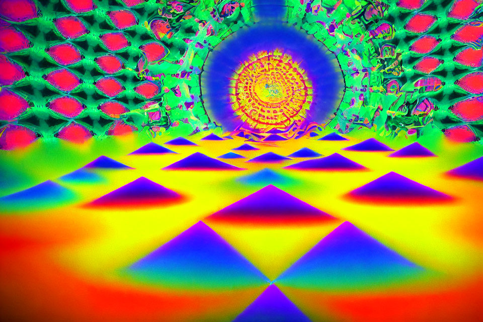 Colorful Psychedelic Tunnel Pattern with Triangles and Mandala Design in Rainbow Hues