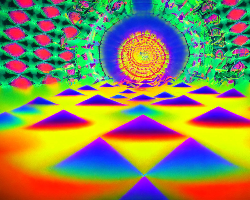 Colorful Psychedelic Tunnel Pattern with Triangles and Mandala Design in Rainbow Hues