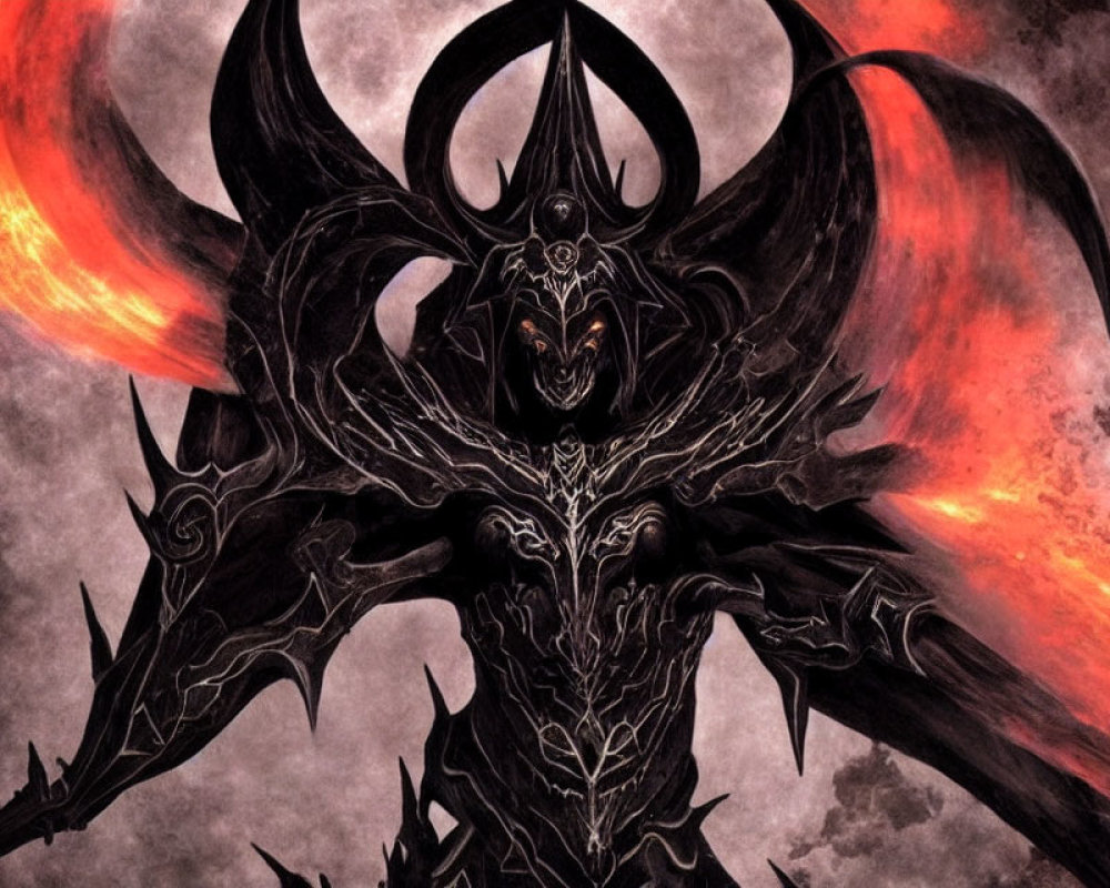 Menacing fantasy creature with large horns and wings in fiery red and gray backdrop