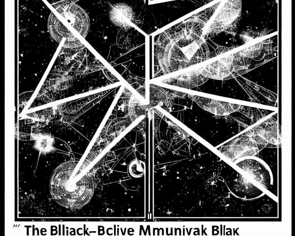 Abstract black and white graphic with chaotic lines and celestial elements.