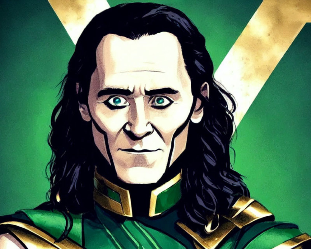 Smirking man with black hair in green and gold costume, 'X' background