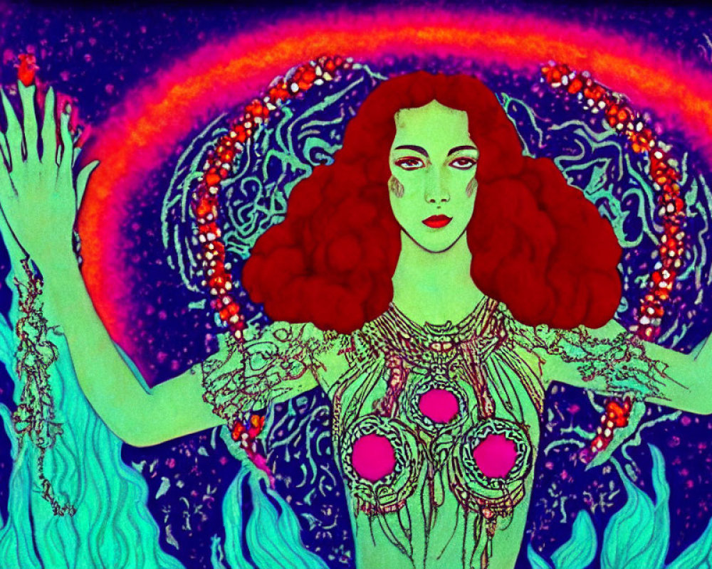 Vibrant red-haired woman with raised hands in psychedelic background