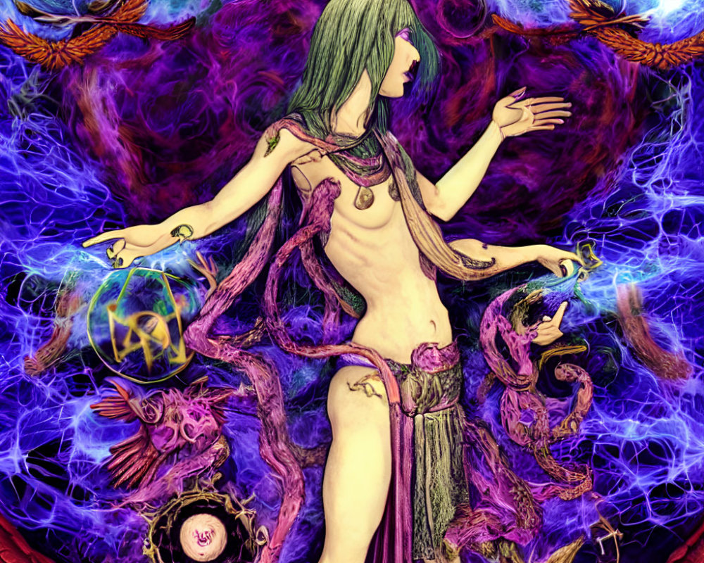 Colorful artwork of multi-armed figure with green hair in cosmic setting
