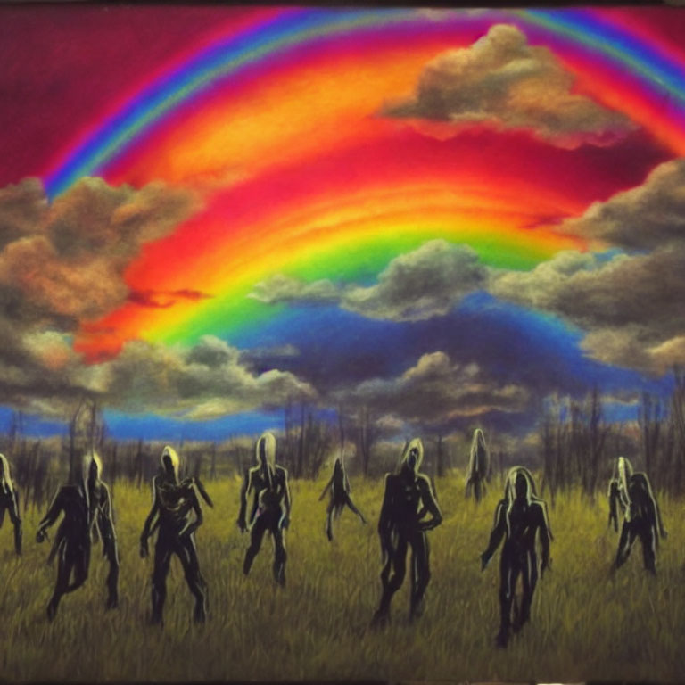 Silhouetted figures walking under dramatic sky with double rainbow