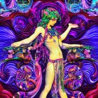 Colorful artwork of multi-armed figure with green hair in cosmic setting