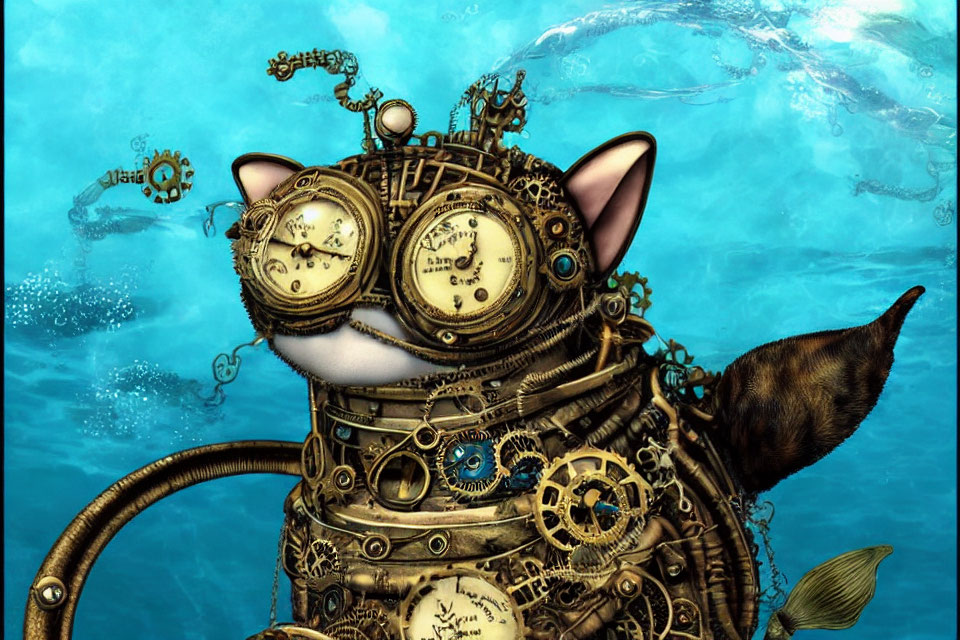 Steampunk Mechanical Cat with Clock Faces and Gears Submerged in Underwater Scene