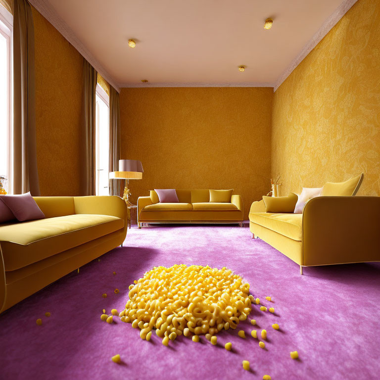 Stylish living room with yellow sofas, purple carpet, white table, and ball-shaped rug