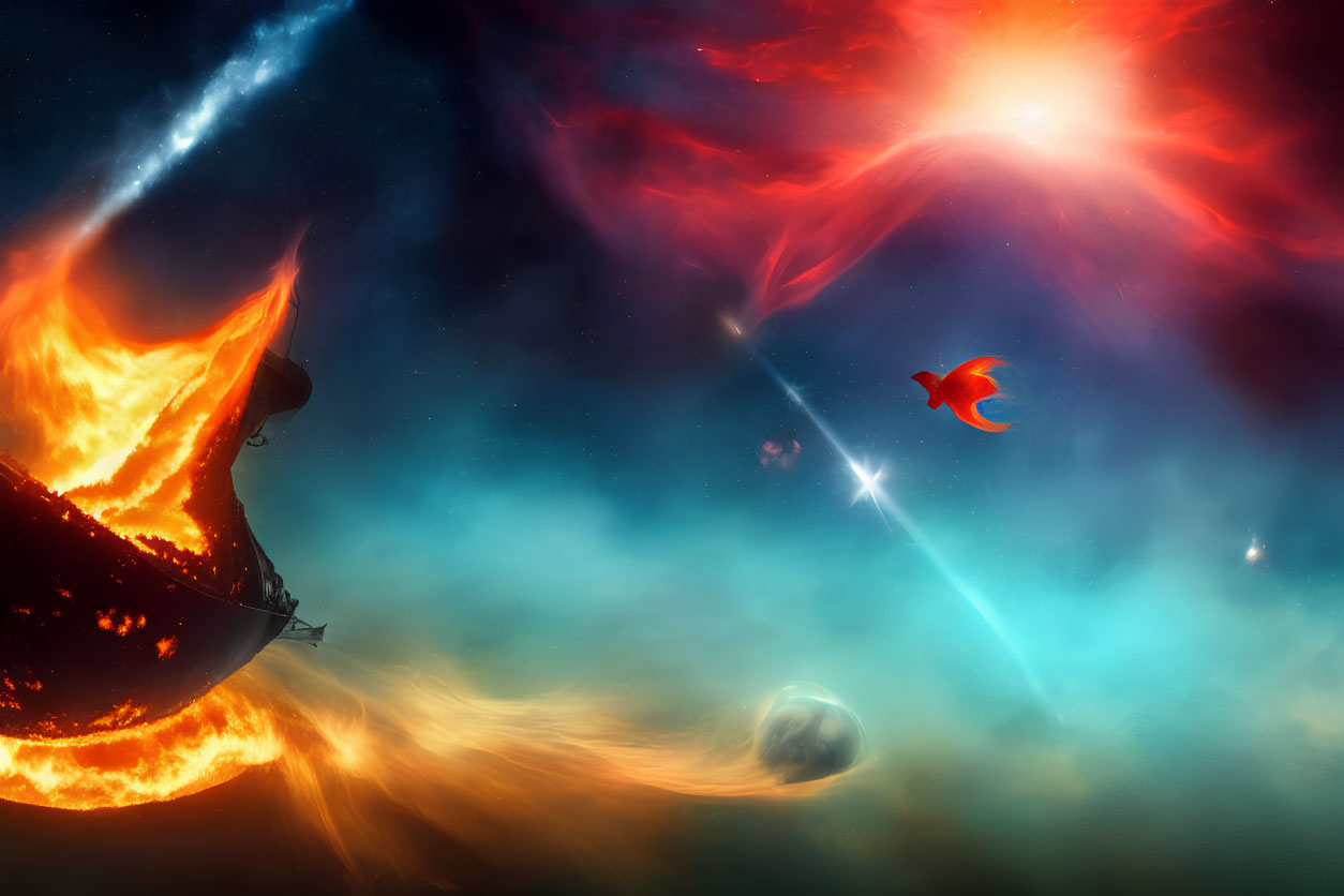Colorful cosmic scene with phoenix, celestial bodies, starburst, and spaceship in nebula
