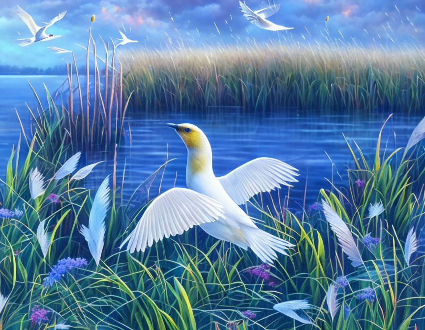 White Bird Flying Over Blue Lake with Greenery and Feathers Scattered