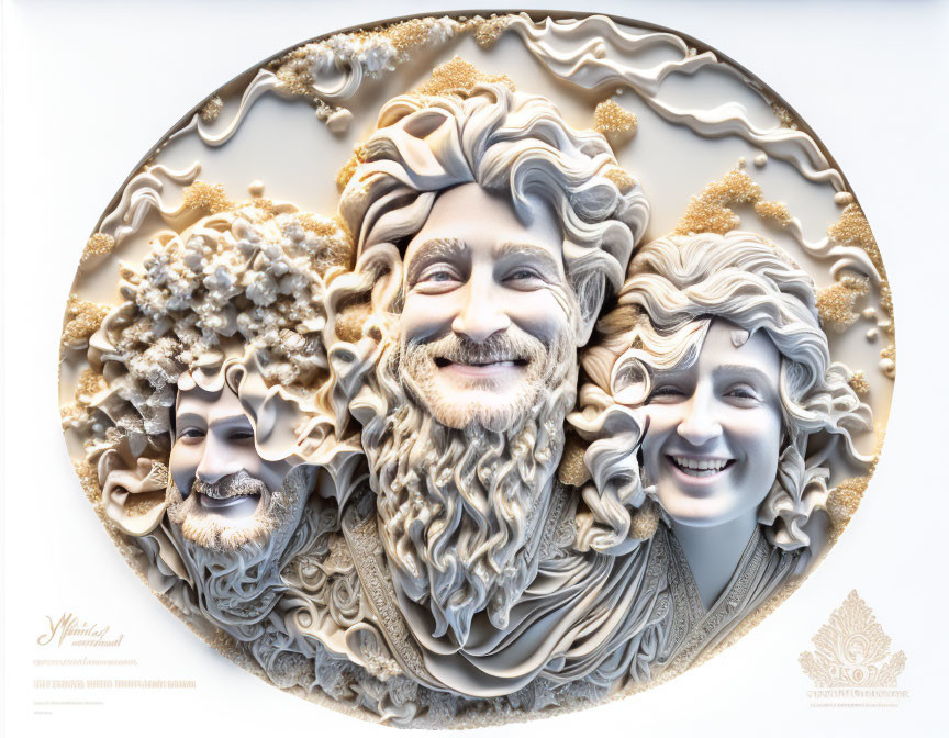 Carved relief with four smiling faces and floral patterns