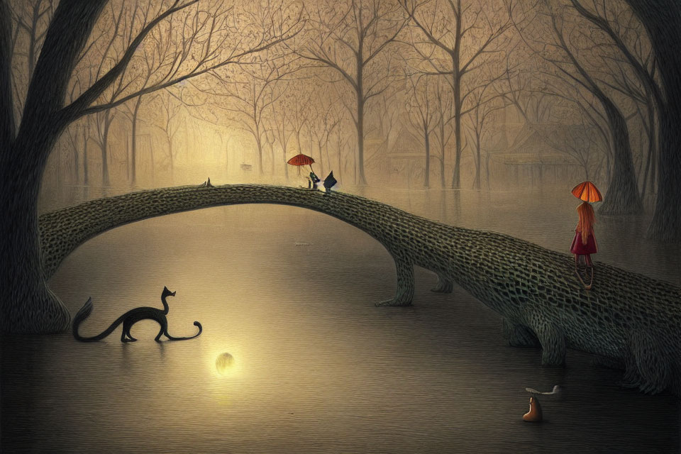 Misty forest scene with stone bridge, woman with red umbrella, black cat, and glowing orb