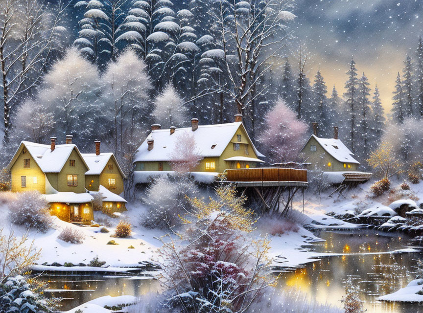 Snowy landscape with quaint houses and lit windows