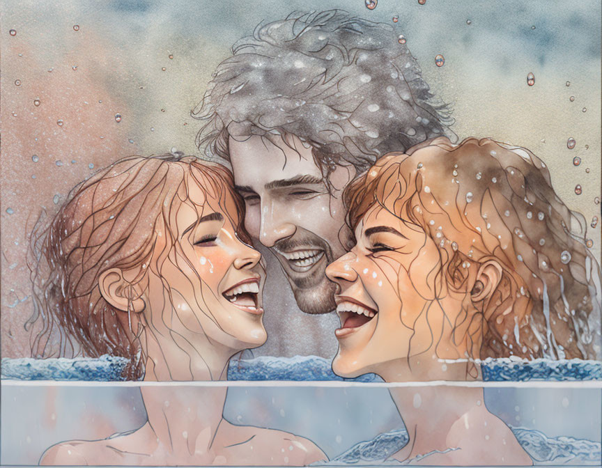 Three people laughing joyfully in water with droplets around them