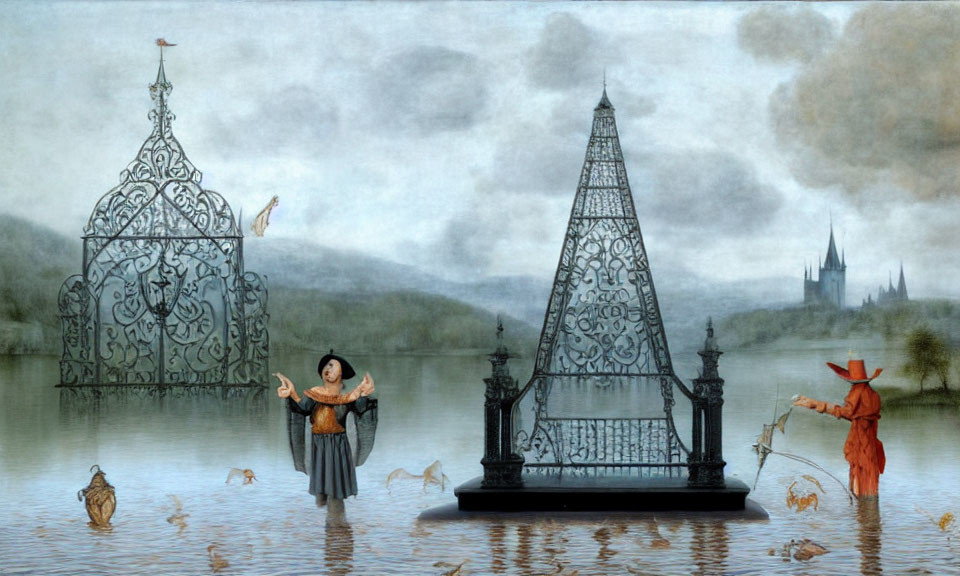 Surreal scene with cage-like structures, figures, and castle in misty background