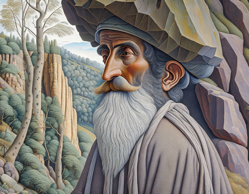 Illustration of Bearded Man with Prominent Nose in Stylized Landscape
