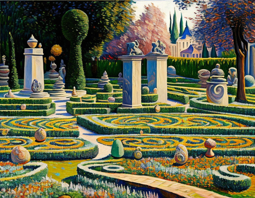 Colorful painting of formal garden with geometric hedges, topiaries, statues, and pathway to