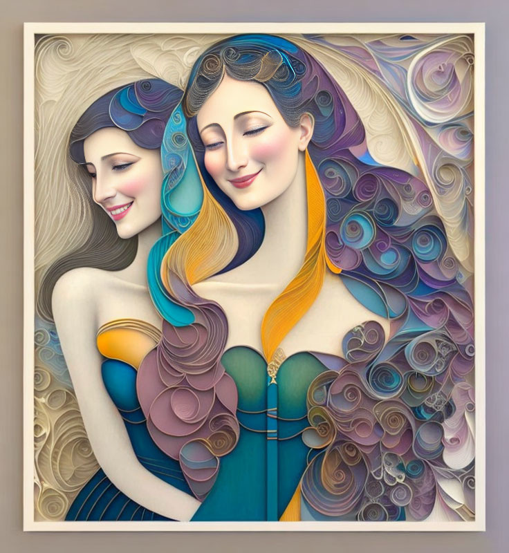 Stylized painting of two women with curvilinear forms and soft colors