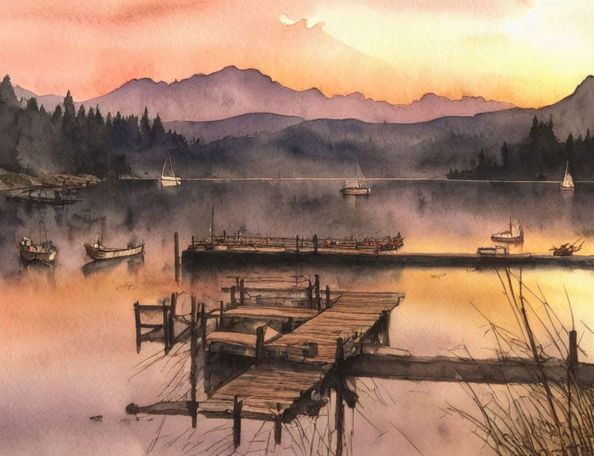 Serene watercolor painting of lake at sunset with boats, dock, mountains, and warm sky