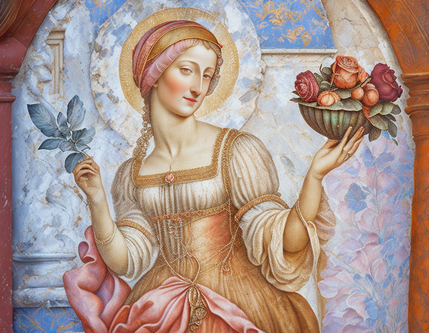 Serene woman with halo holding branch and fruit against ornate backdrop