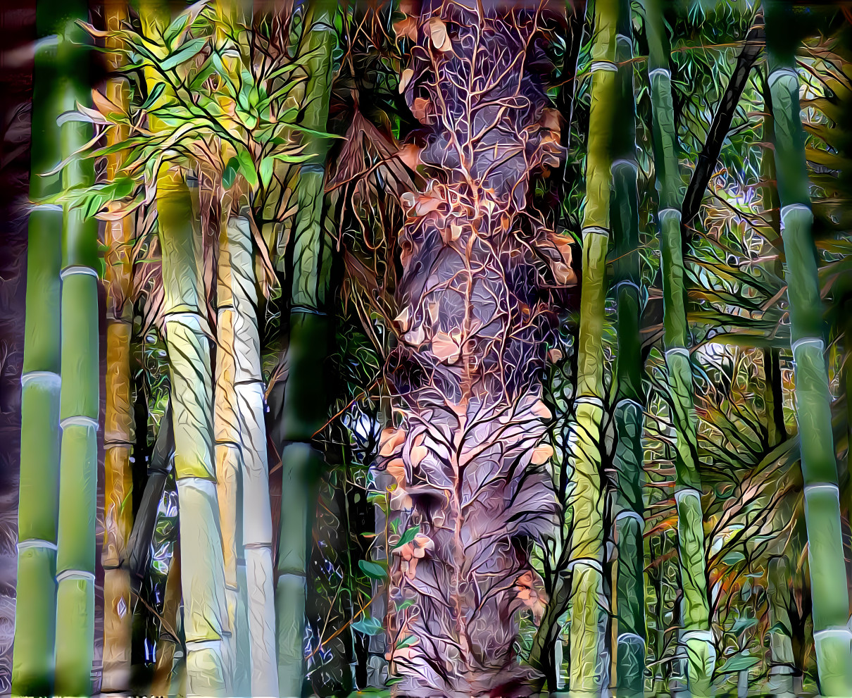 Bamboo and Overgrown Palm Tree Trunk