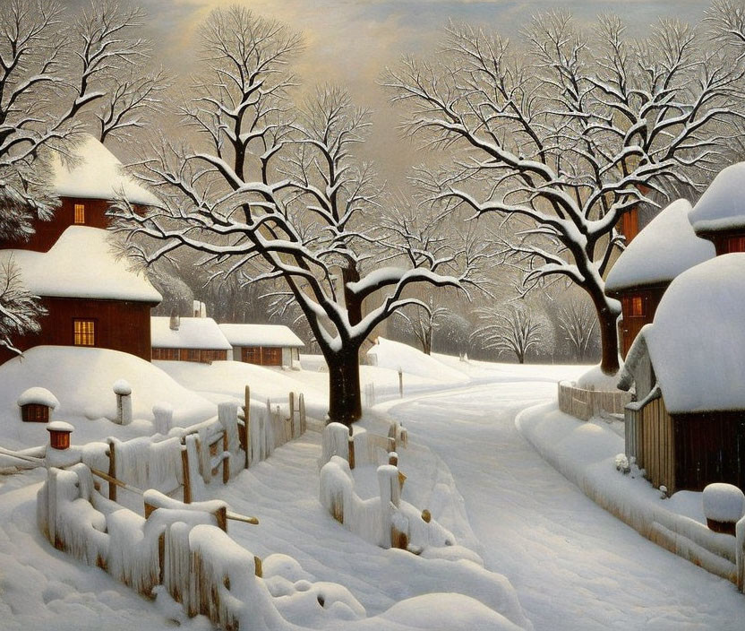 Snow-covered winter landscape with trees, houses, fence, and snowy path under cloudy sky