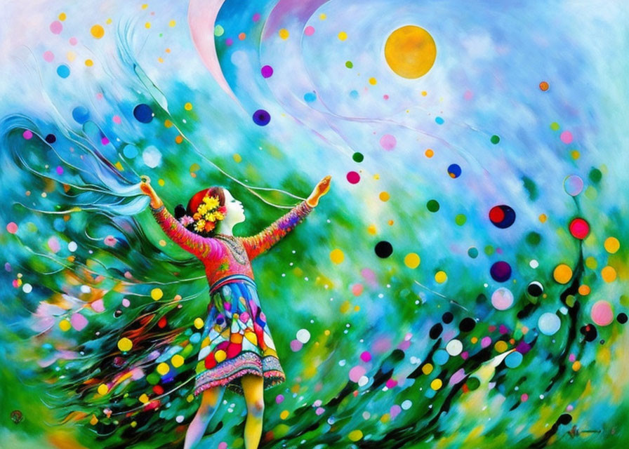 Colorful Painting of Joyful Woman with Raised Arms and Whimsical Surroundings