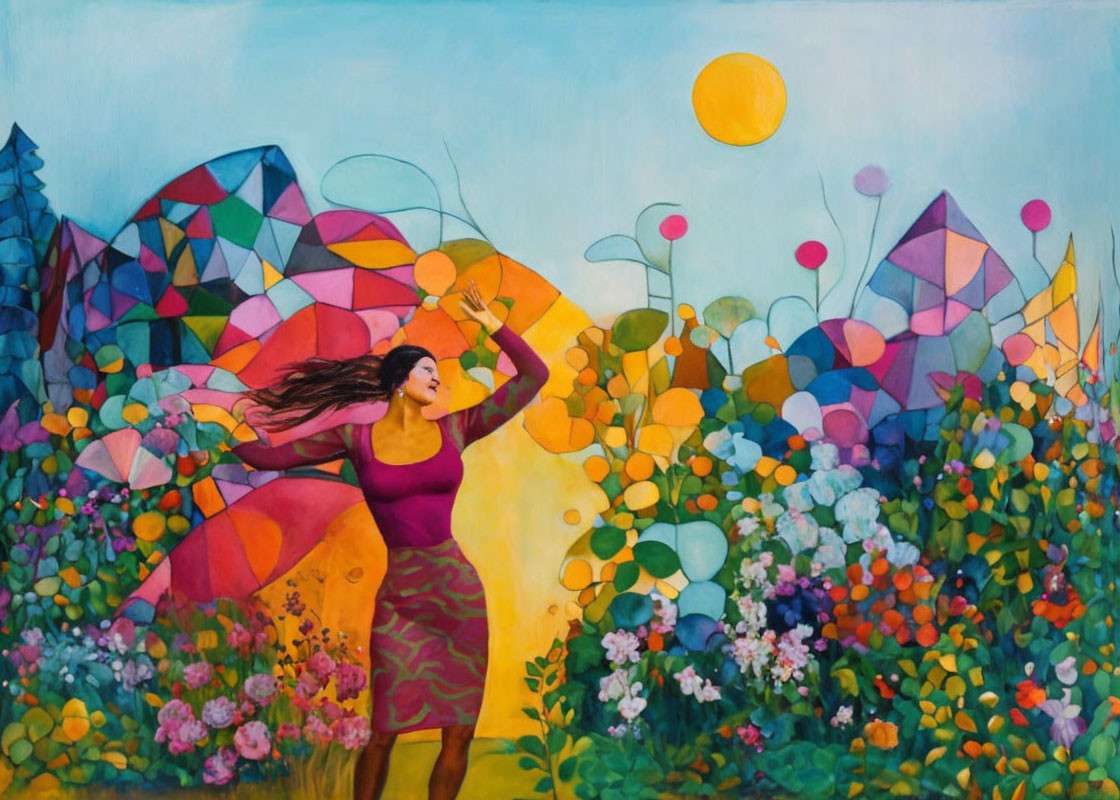 Colorful painting of woman in purple dress with flowers and sun in abstract landscape